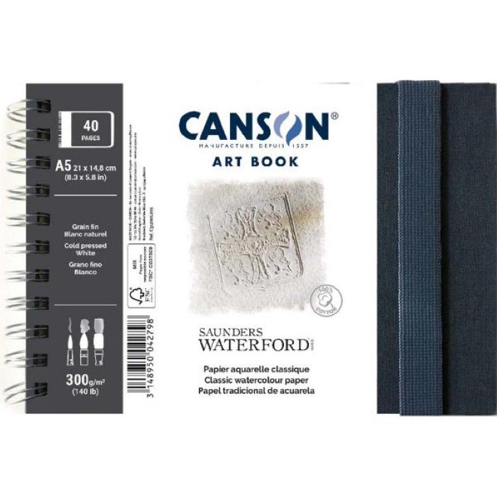 Canson - Canson Saunders Waterford Art Book 300gr A5 Telli Sert Kapak Suluboya Defteri 40 Sayfa